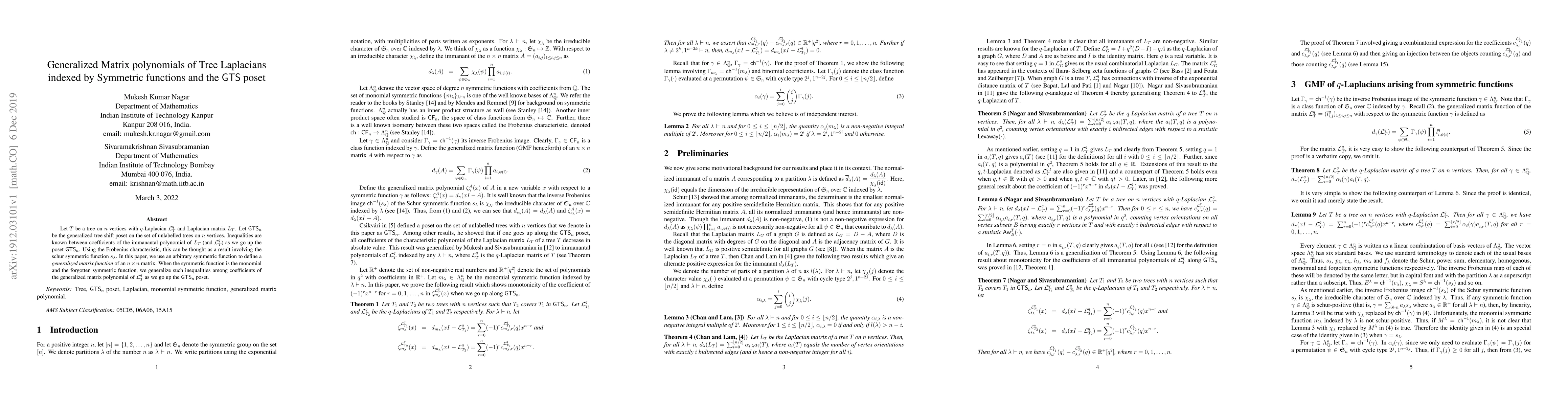 Thumbnail for Generalized Matrix polynomials of Tree Laplacians indexed by Symmetric
  functions and the GTS poset