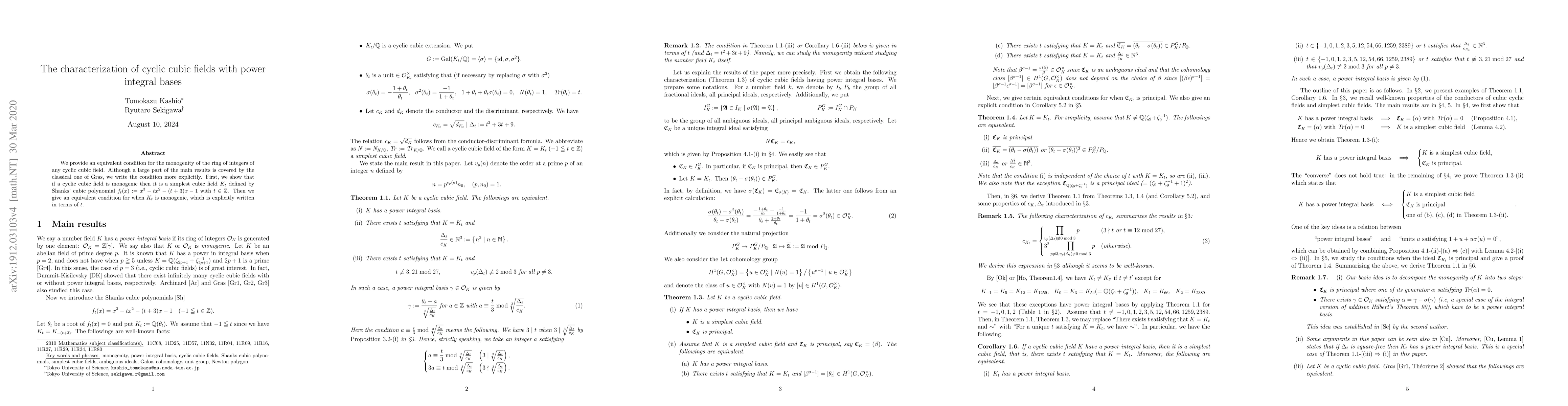 Thumbnail for The characterization of cyclic cubic fields with power integral bases