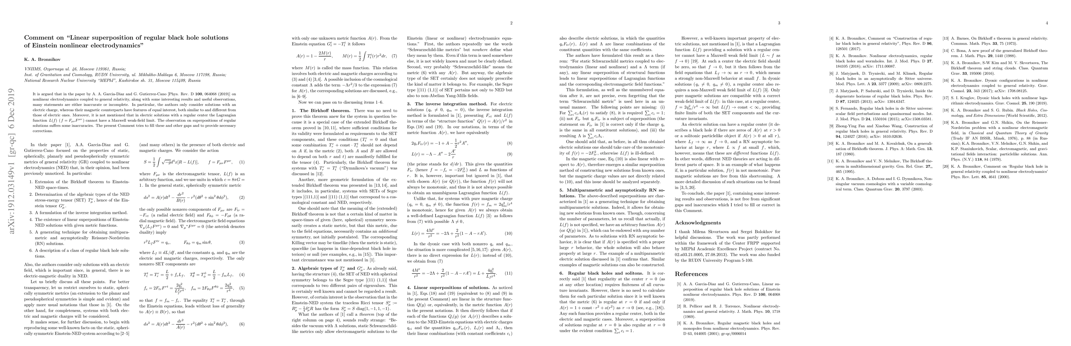 Thumbnail for Comment on "Linear superposition of regular black hole solutions of
  Einstein nonlinear electrodynamics"