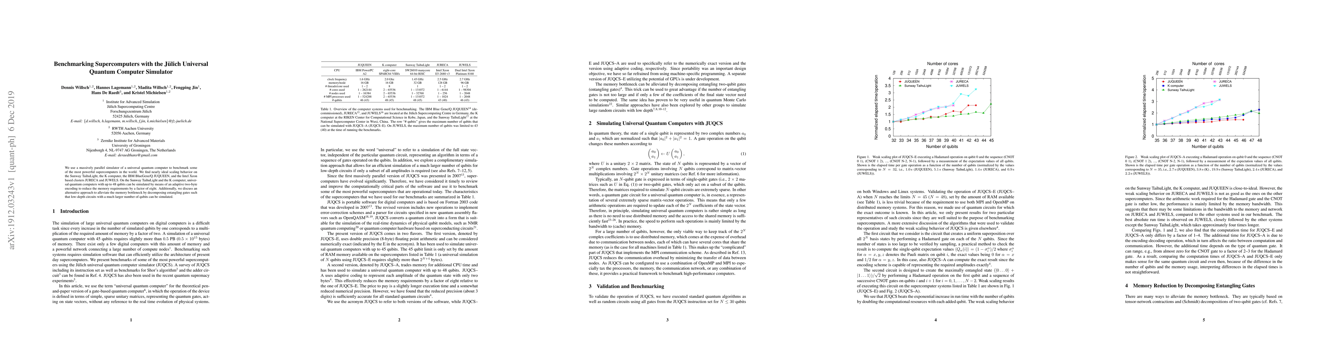 Thumbnail for Benchmarking Supercomputers with the J\"ulich Universal Quantum Computer
  Simulator