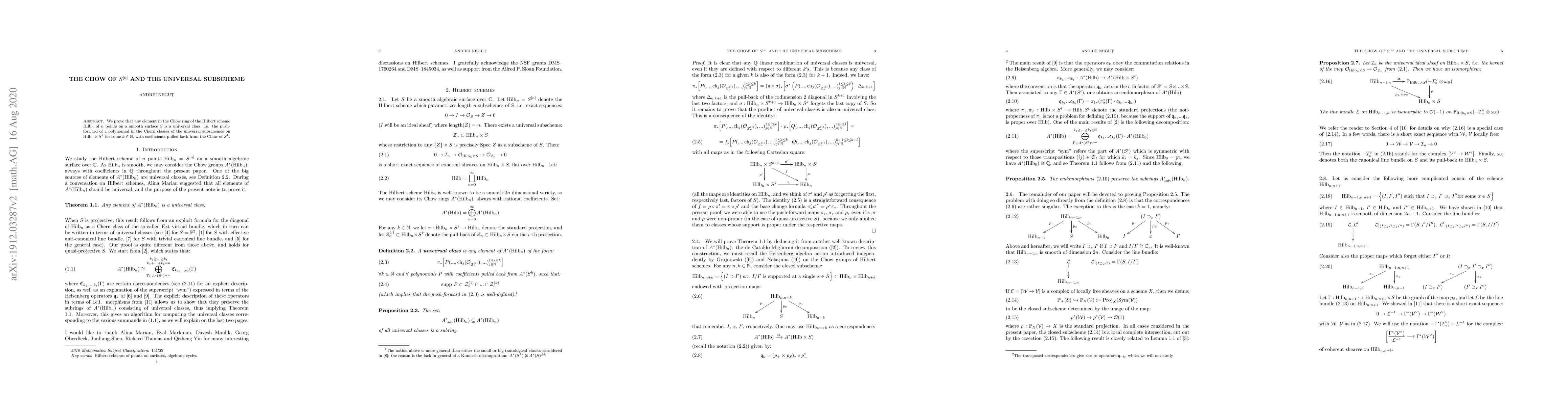 Thumbnail for The Chow of $S^{[n]}$ and the universal subscheme