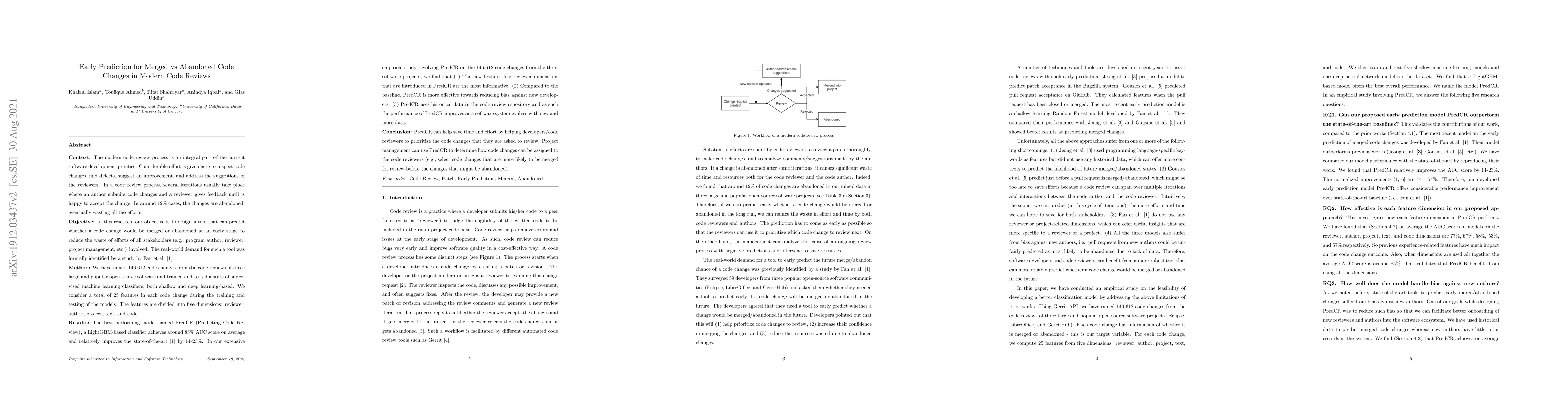 Thumbnail for Early Prediction for Merged vs Abandoned Code Changes in Modern Code
  Reviews