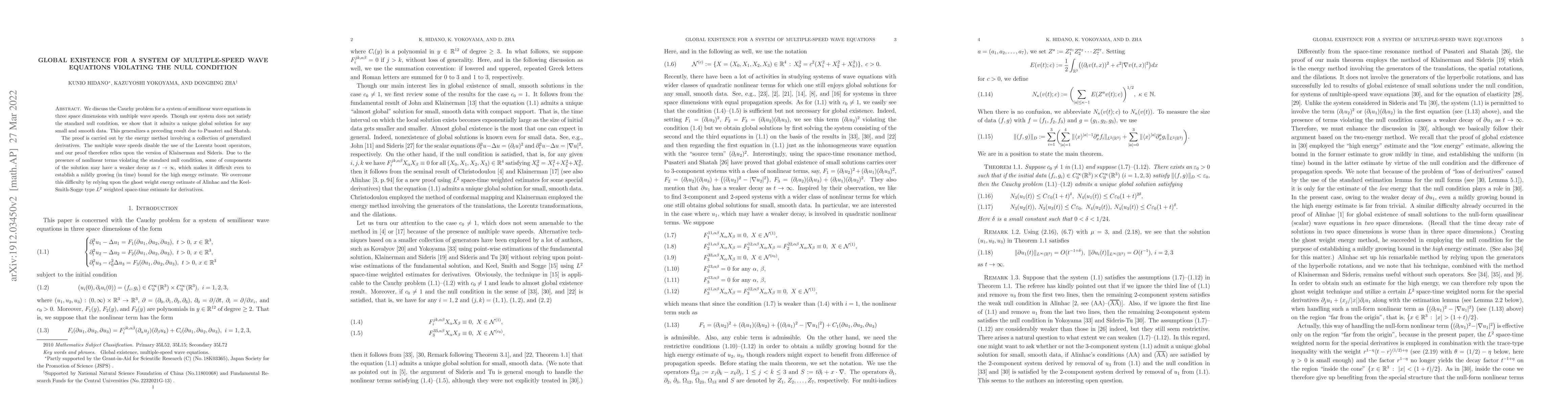 Thumbnail for Global existence for a system of multiple-speed wave equations violating
  the null condition