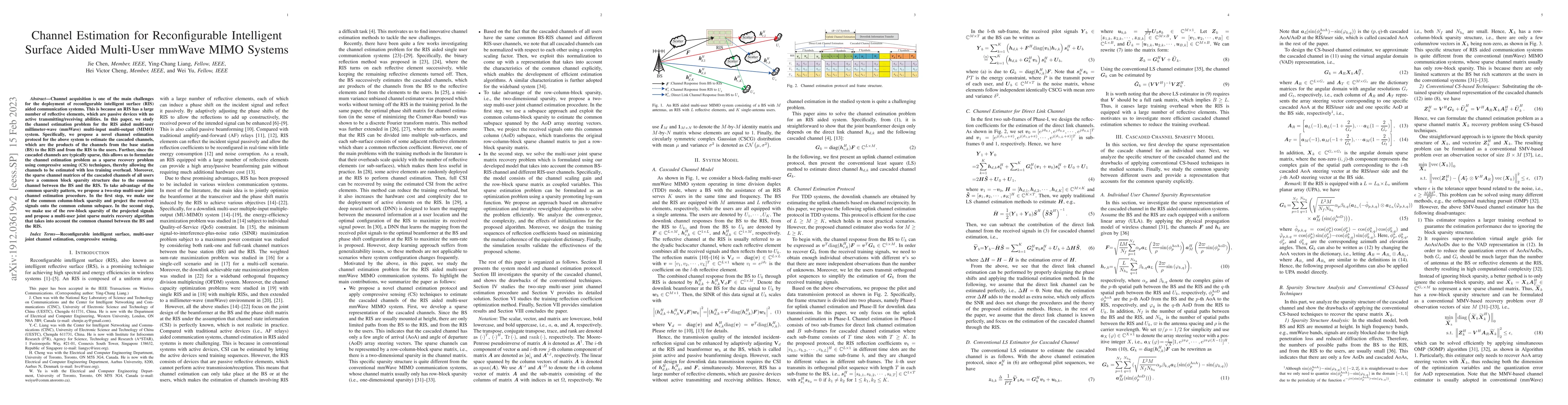 Thumbnail for Channel Estimation for Reconfigurable Intelligent Surface Aided
  Multi-User mmWave MIMO Systems