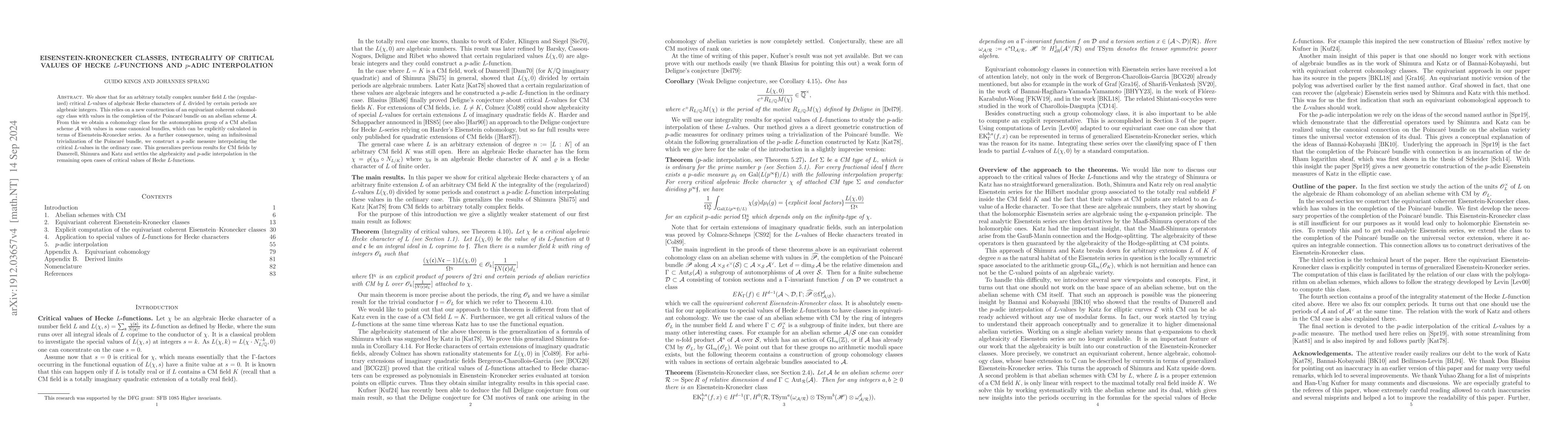 Thumbnail for Eisenstein-Kronecker classes, integrality of critical values of Hecke
  $L$-functions and $p$-adic interpolation