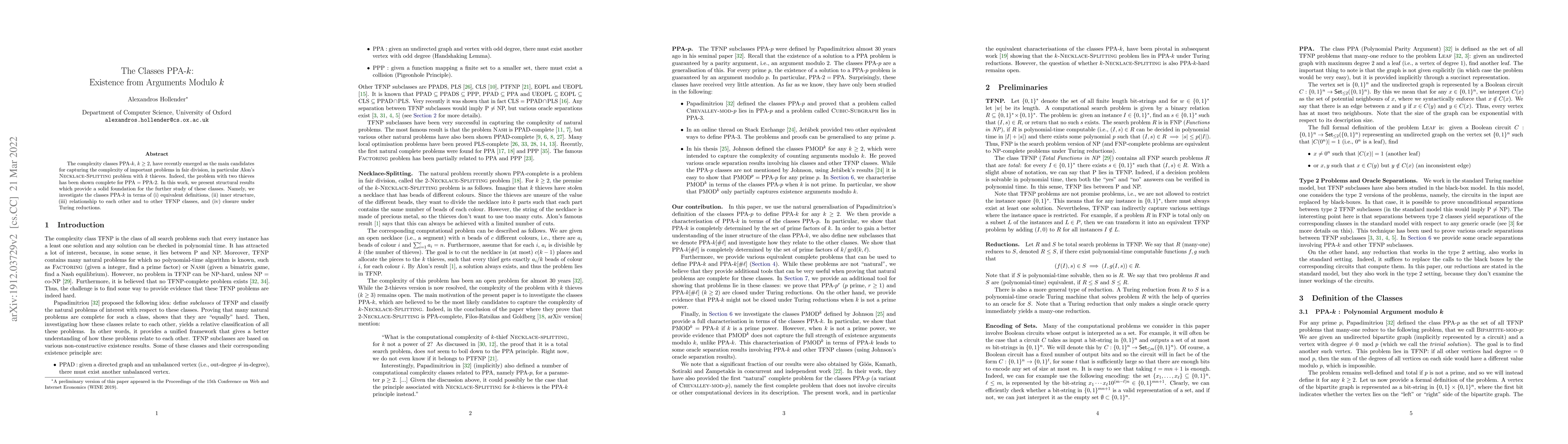 Thumbnail for The Classes PPA-$k$: Existence from Arguments Modulo $k$