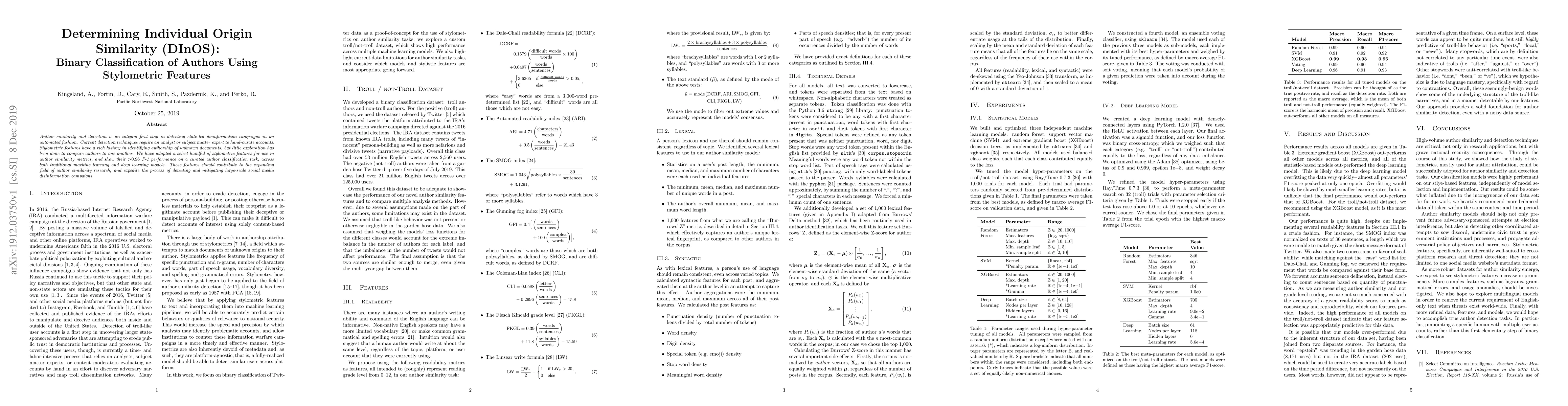Thumbnail for Determining Individual Origin Similarity (DInOS): Binary Classification
  of Authors Using Stylometric Features