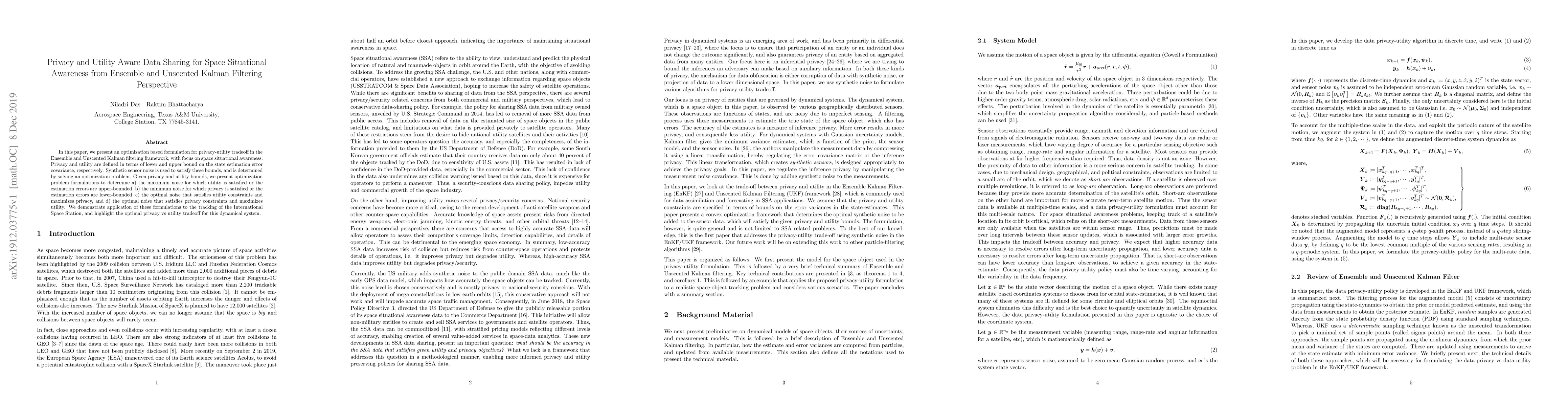Thumbnail for Privacy and Utility Aware Data Sharing for Space Situational Awareness
  from Ensemble and Unscented Kalman Filtering Perspective