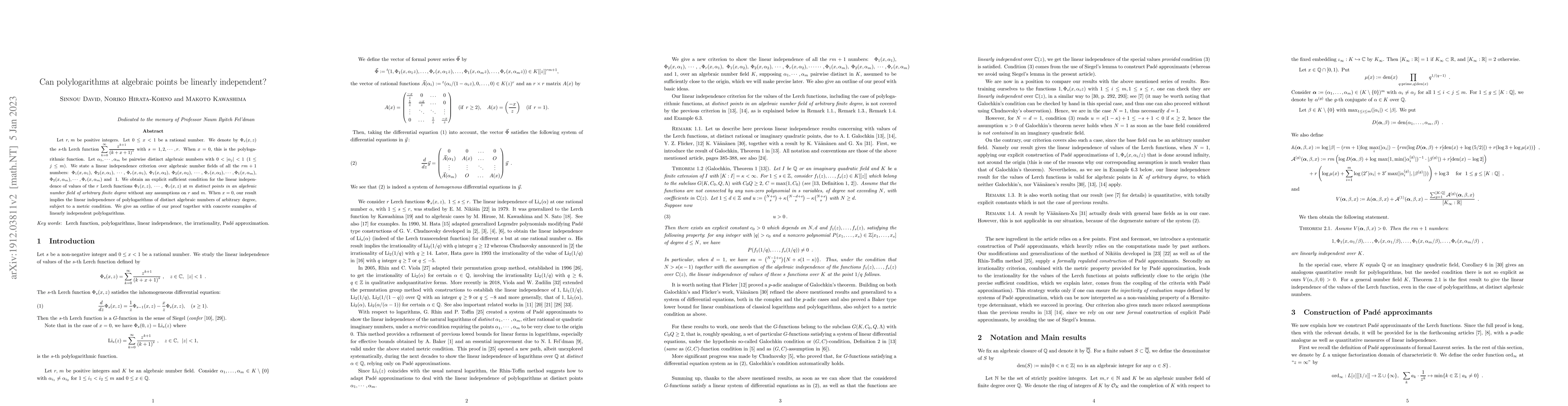 Thumbnail for Can polylogarithms at algebraic points be linearly independent?