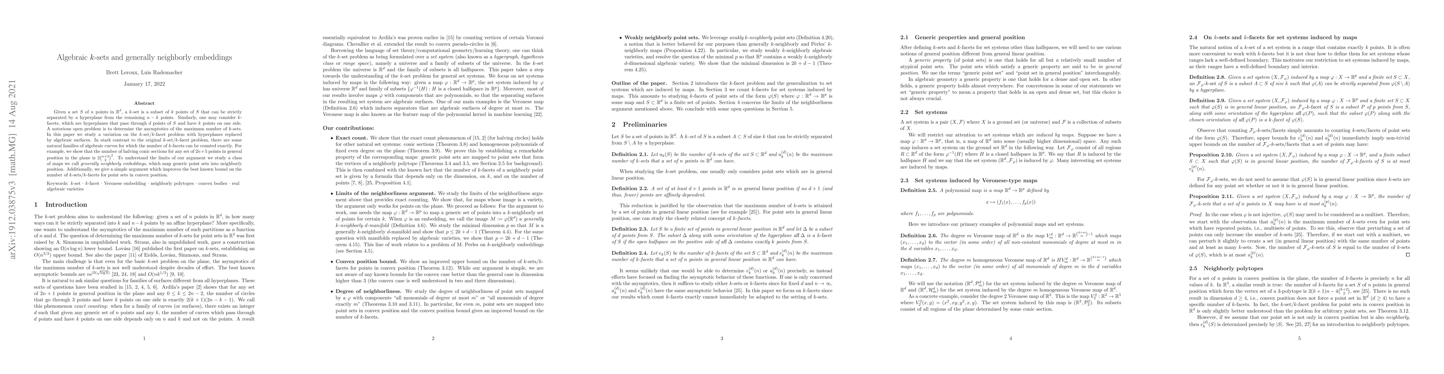 Thumbnail for Algebraic $k$-sets and generally neighborly embeddings