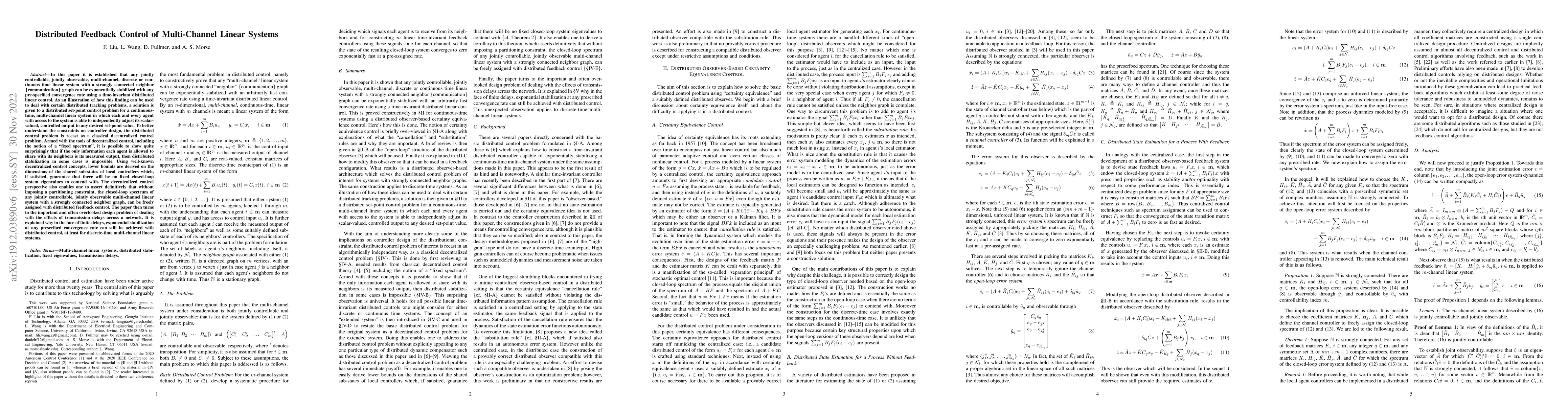 Thumbnail for Distributed Feedback Control of Multi-Channel Linear Systems