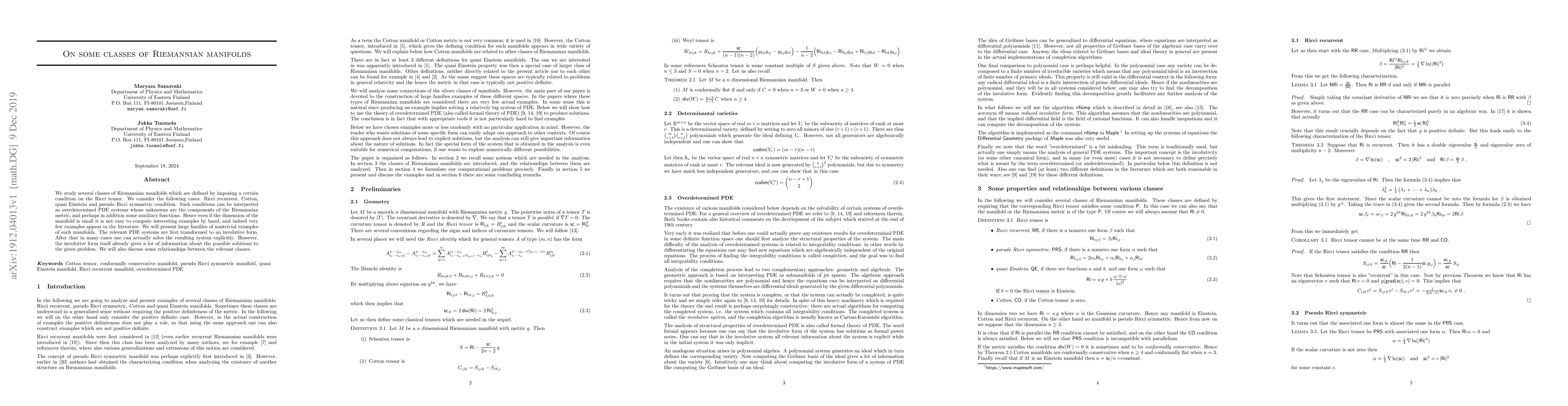 Thumbnail for On some classes of Riemannian manifolds