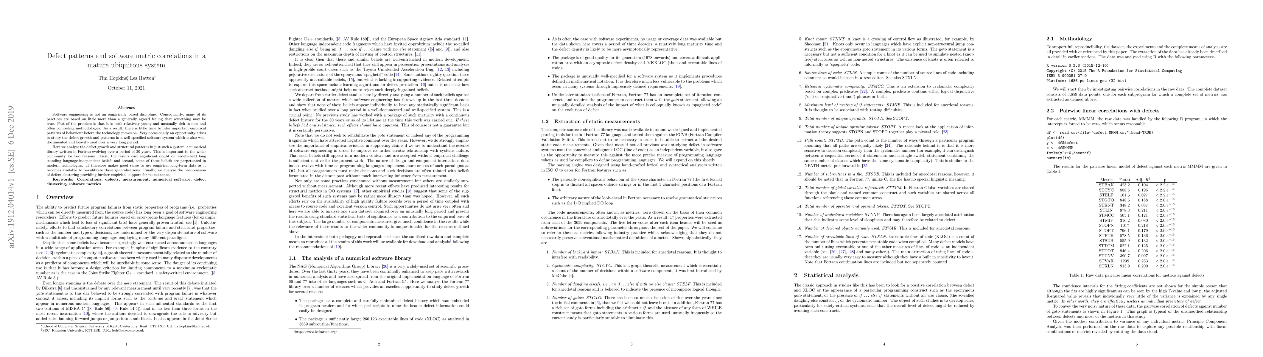 Thumbnail for Defect patterns and software metric correlations in a mature ubiquitous
  system