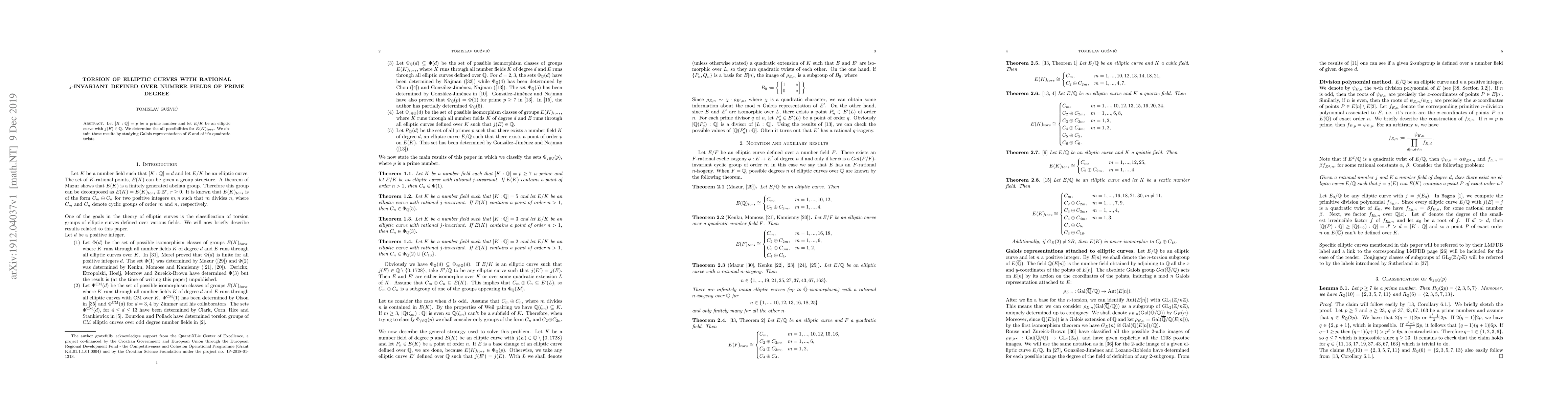 Thumbnail for Torsion of elliptic curves with rational $j$-invariant defined over
  number fields of prime degree
