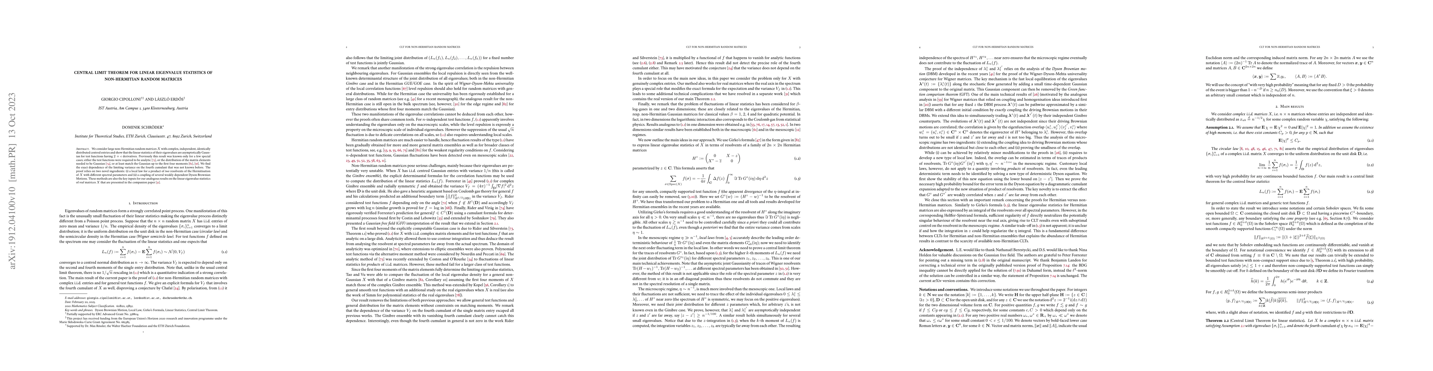 Thumbnail for Central Limit Theorem for Linear Eigenvalue Statistics of non-Hermitian
  Random Matrices