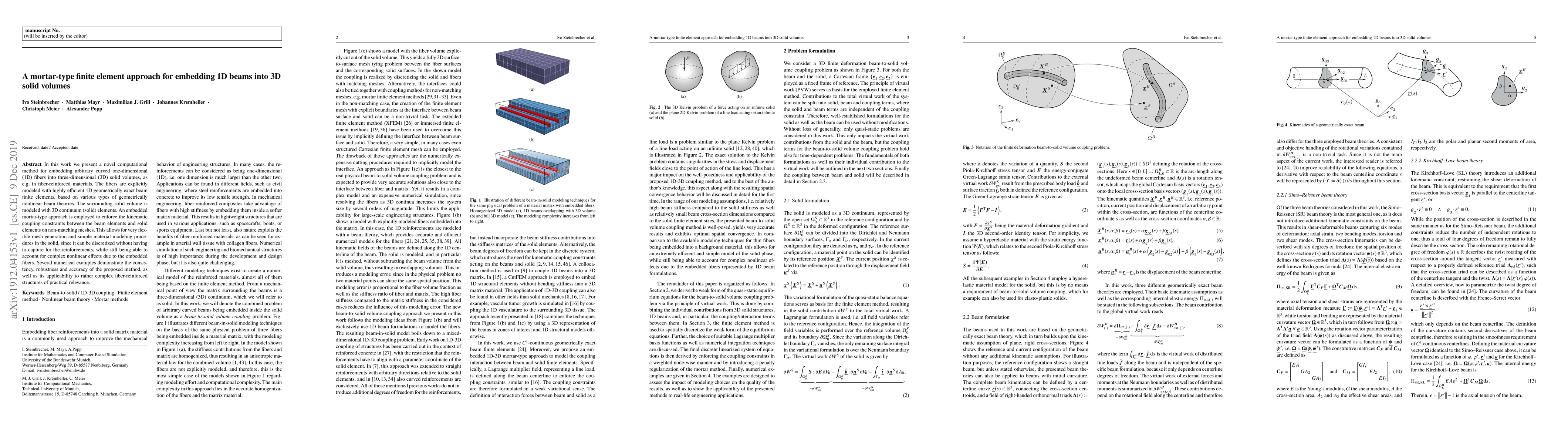 Thumbnail for A mortar-type finite element approach for embedding 1D beams into 3D
  solid volumes