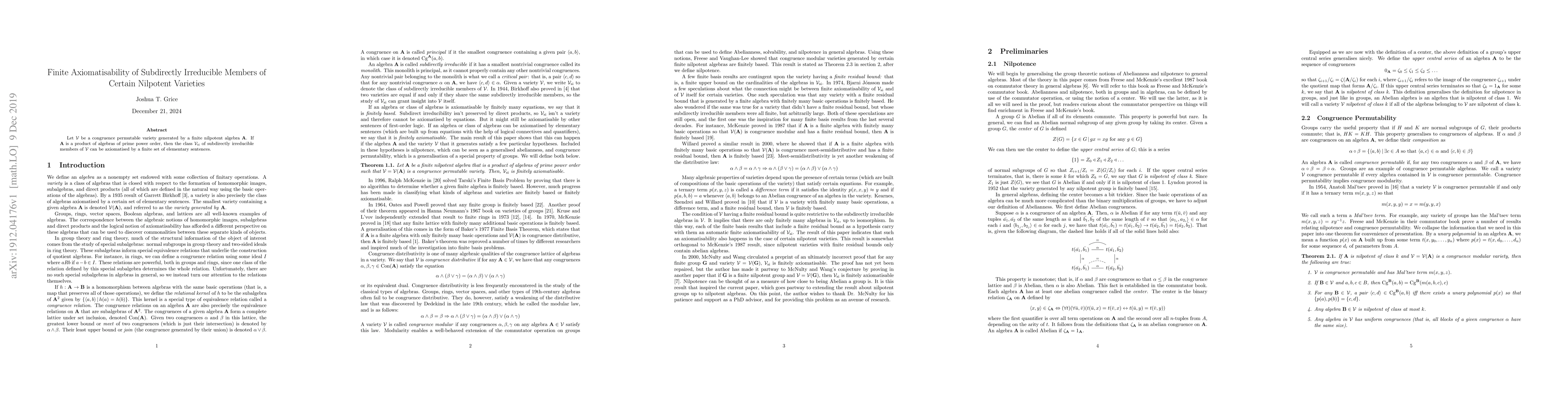 Thumbnail for Finite Axiomatisability of Subdirectly Irreducible Members of Certain
  Nilpotent Varieties
