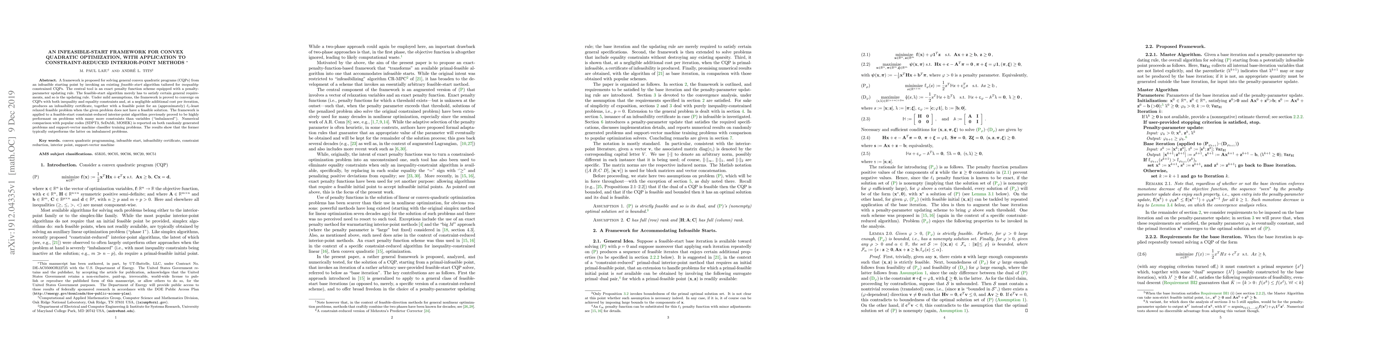 Thumbnail for An Infeasible-Start Framework for Convex Quadratic Optimization, with
  Application to Constraint-Reduced Interior-Point Methods