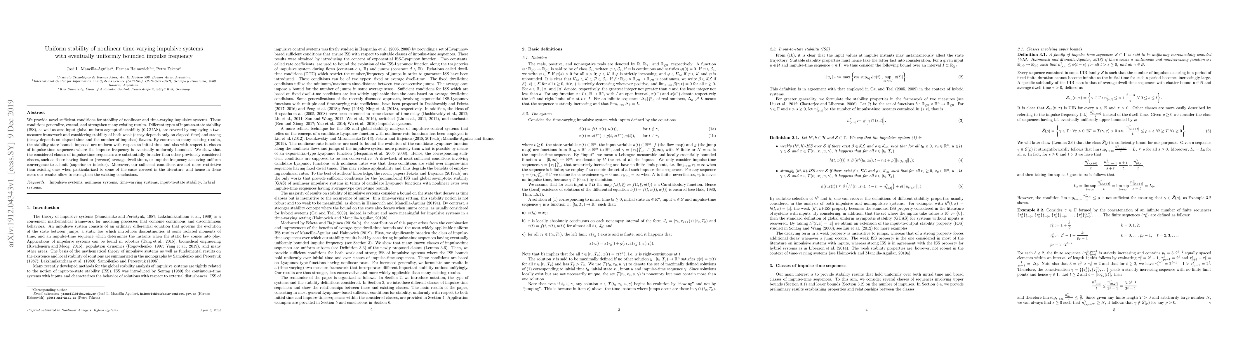 Thumbnail for Uniform stability of nonlinear time-varying impulsive systems with
  eventually uniformly bounded impulse frequency