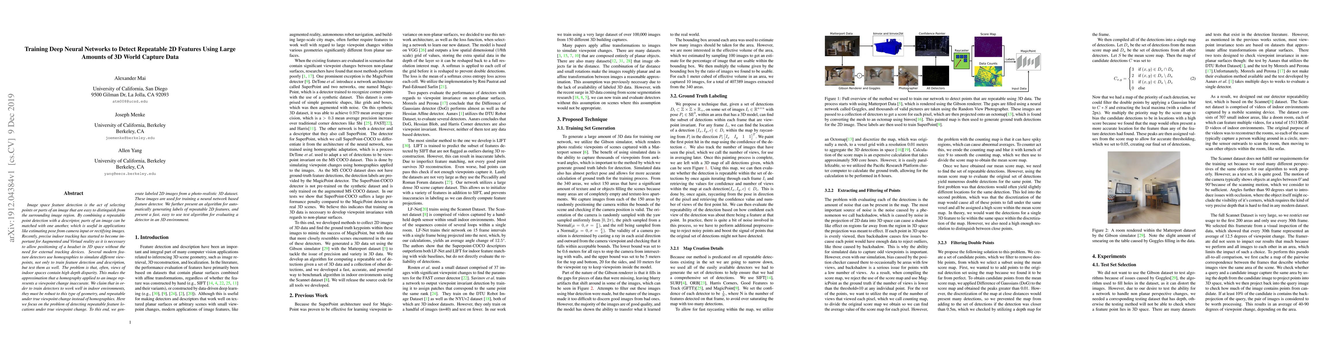 Thumbnail for Training Deep Neural Networks to Detect Repeatable 2D Features Using
  Large Amounts of 3D World Capture Data