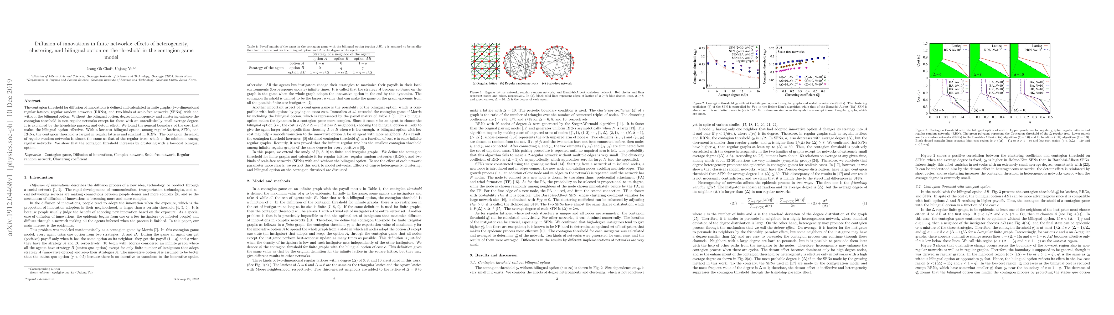 Thumbnail for Diffusion of innovations in finite networks: effects of heterogeneity,
  clustering, and bilingual option on the threshold in the contagion game model