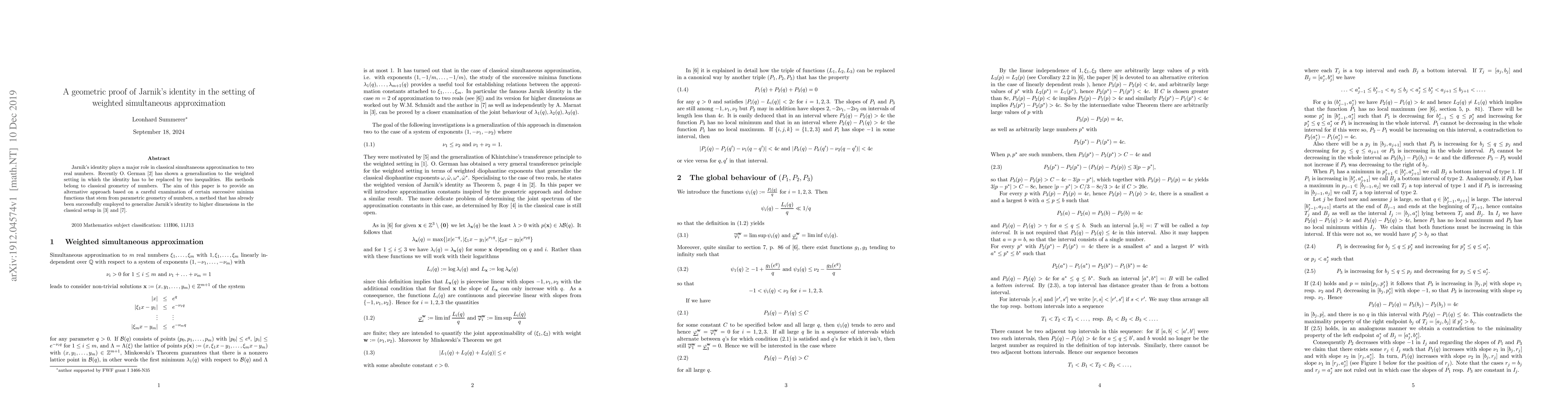 Thumbnail for A geometric proof of Jarnik's identity in the setting of weighted
  simultaneous approximation
