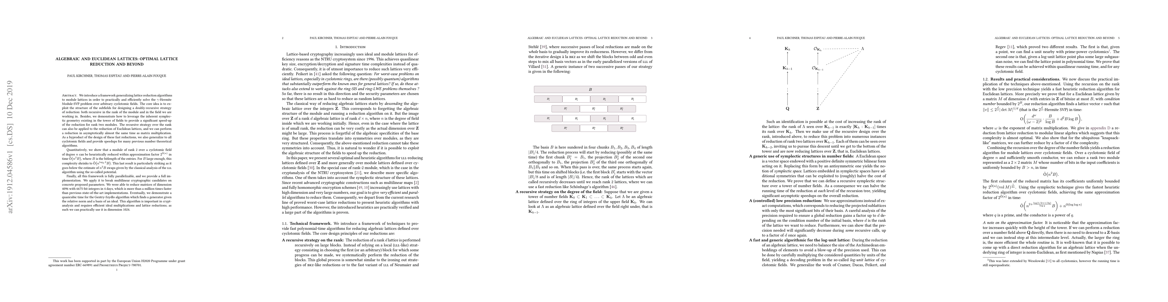 Thumbnail for Algebraic and Euclidean Lattices: Optimal Lattice Reduction and Beyond