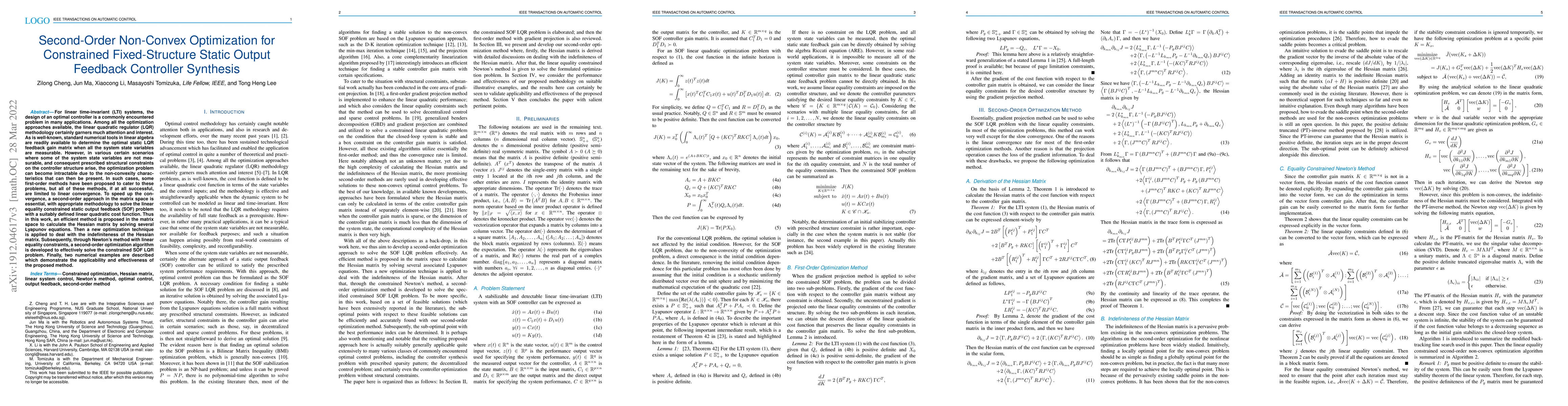 Thumbnail for Second-Order Non-Convex Optimization for Constrained Fixed-Structure
  Static Output Feedback Controller Synthesis