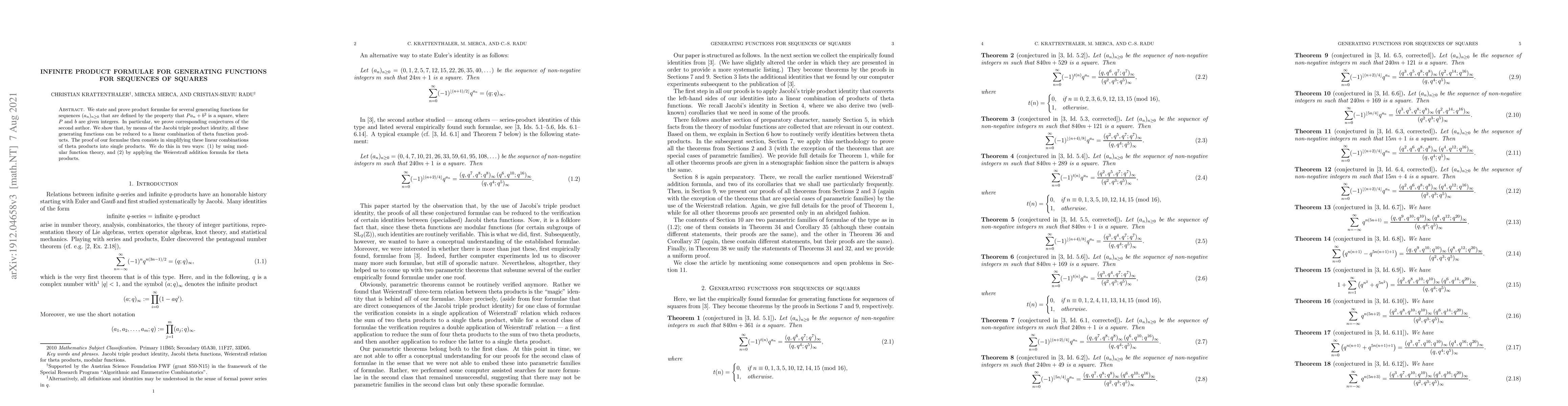 Thumbnail for Infinite product formulae for generating functions for sequences of
  squares