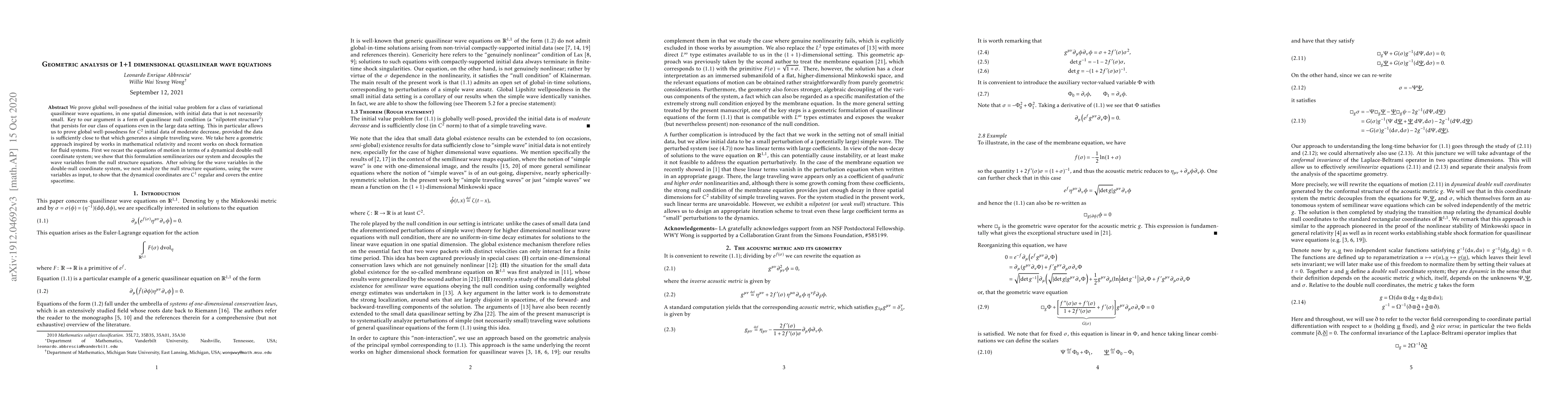 Thumbnail for Geometric analysis of 1+1 dimensional quasilinear wave equations