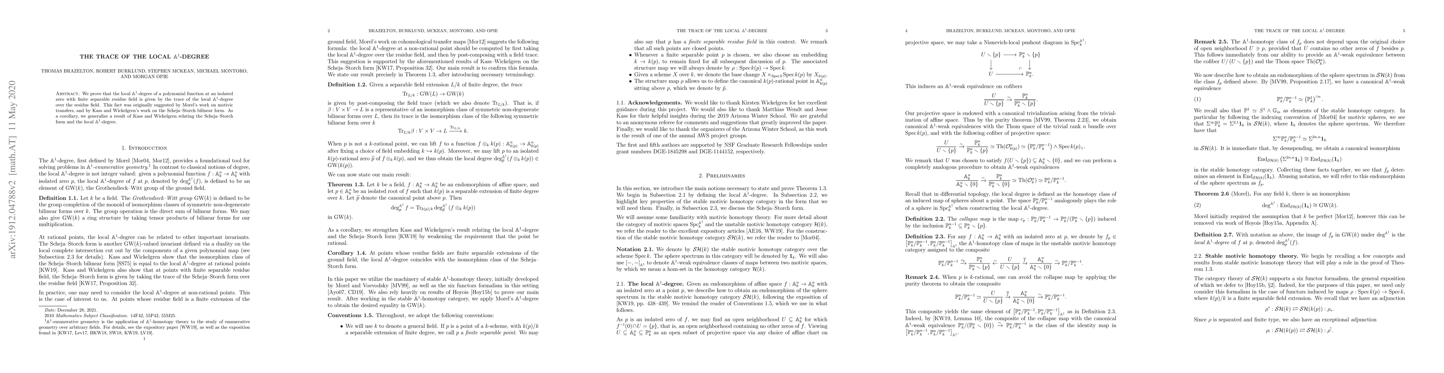 Thumbnail for The trace of the local $\mathbf{A}^1$-degree