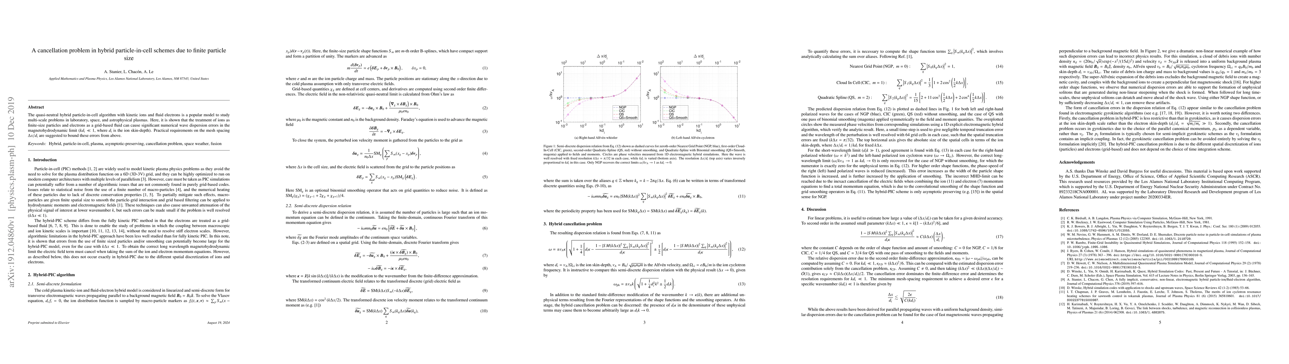 Thumbnail for A cancellation problem in hybrid particle-in-cell schemes due to finite
  particle size
