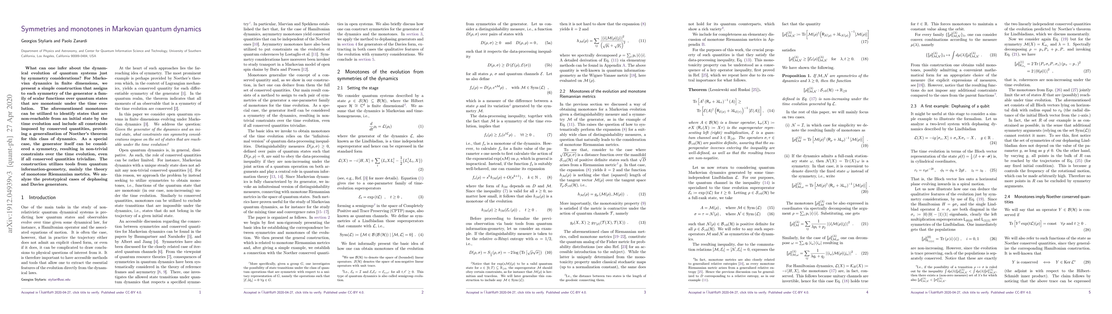 Thumbnail for Symmetries and monotones in Markovian quantum dynamics