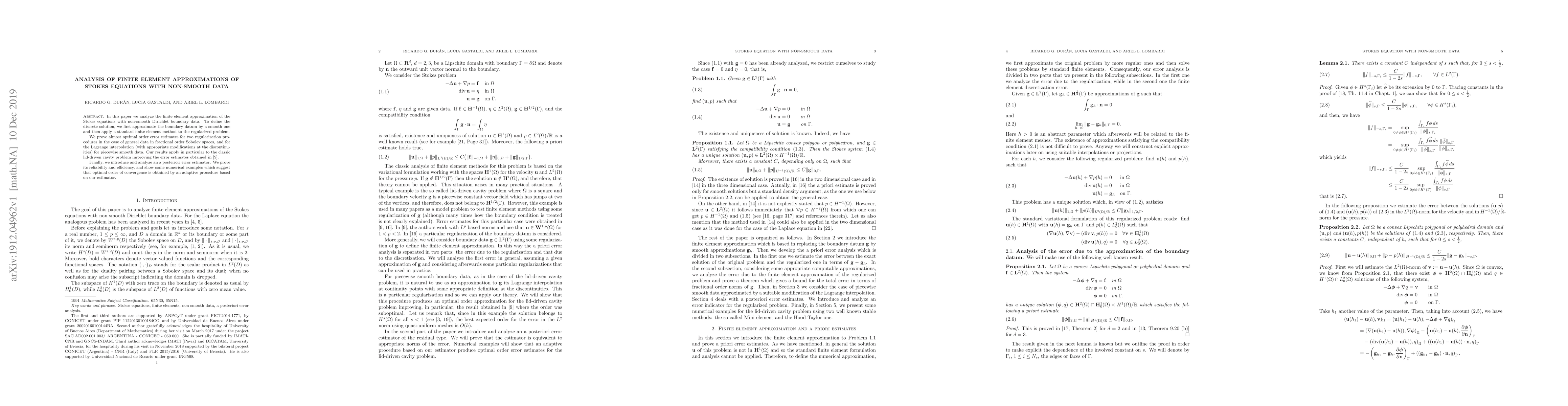 Thumbnail for Analysis of finite element approximations of Stokes equations with
  non-smooth data