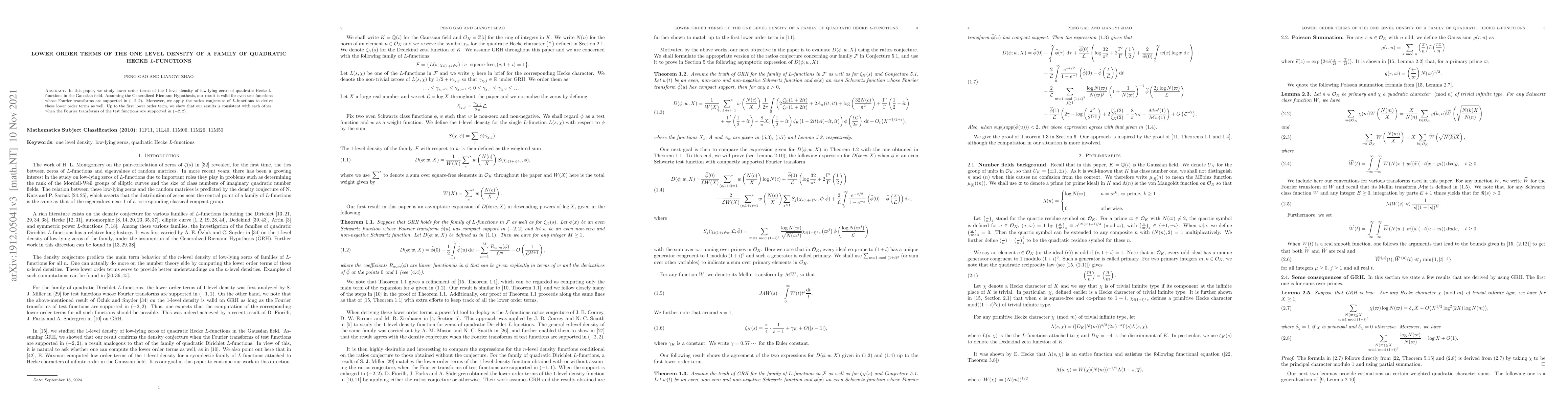 Thumbnail for Lower order terms of the one level density of a family of quadratic
  Hecke $L$-functions