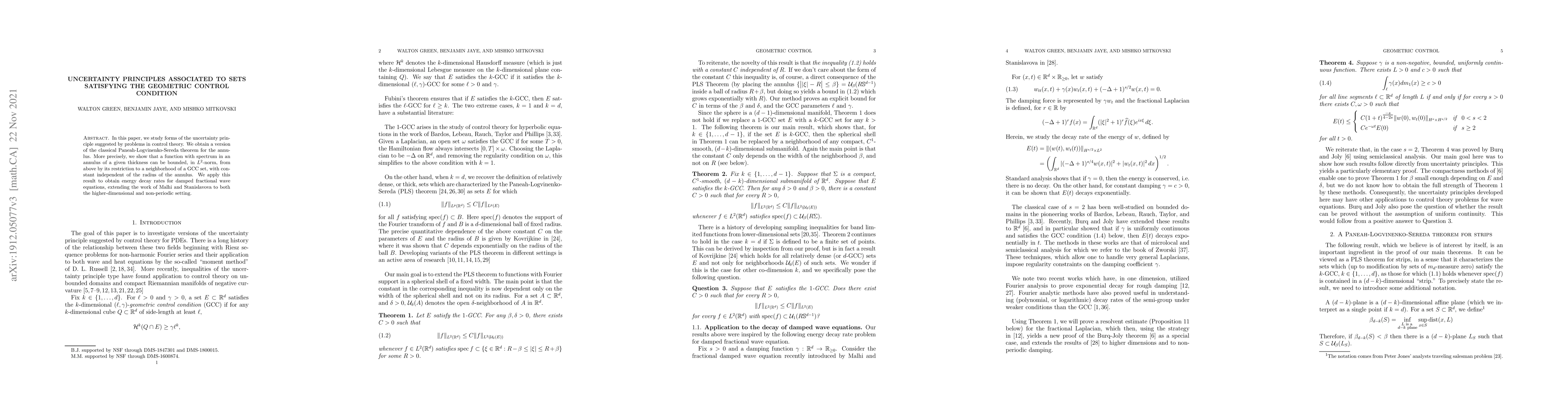 Thumbnail for Uncertainty Principles Associated to Sets Satisfying the Geometric
  Control Condition