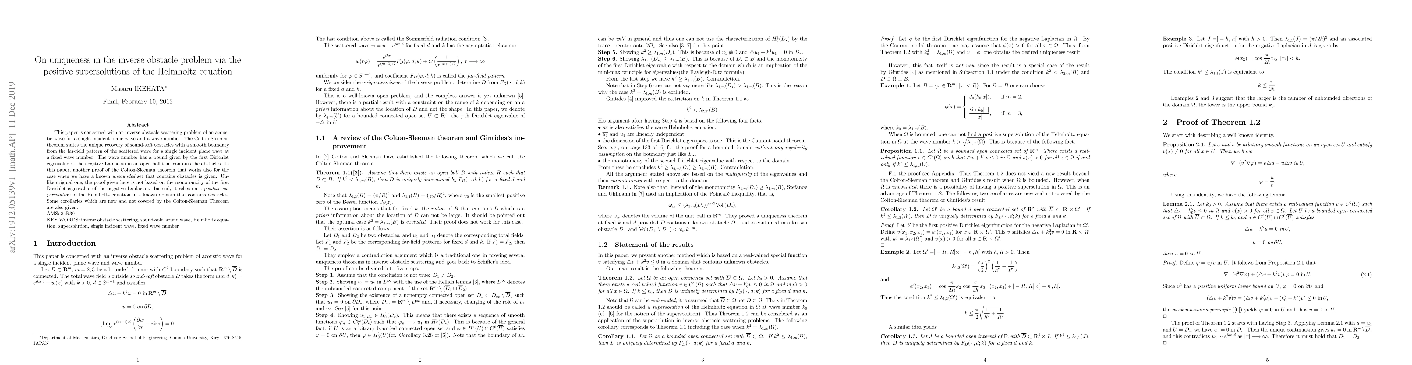 Thumbnail for On uniqueness in the inverse obstacle problem via the positive
  supersolutions of the Helmholtz equation