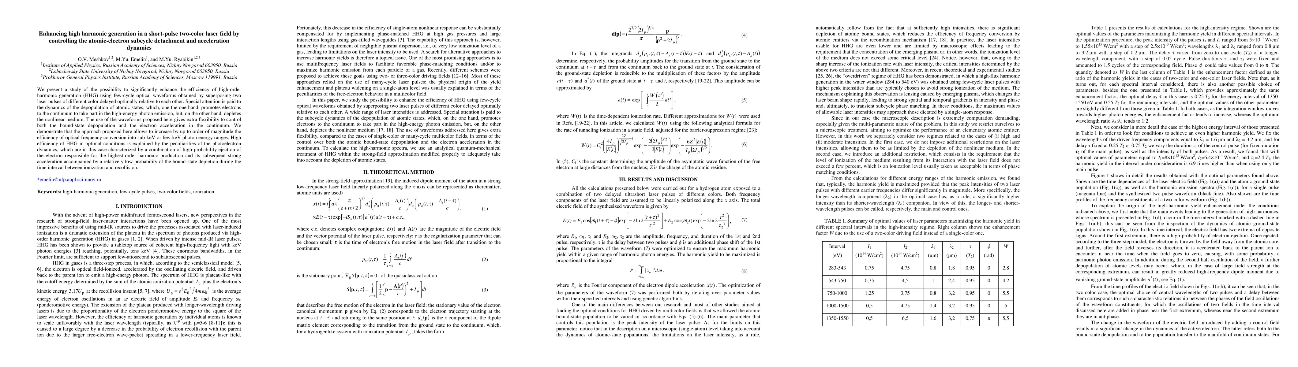 Thumbnail for Enhancing high harmonic generation in a short-pulse two-color laser
  field by controlling the atomic-electron subcycle detachment and acceleration
  dynamics