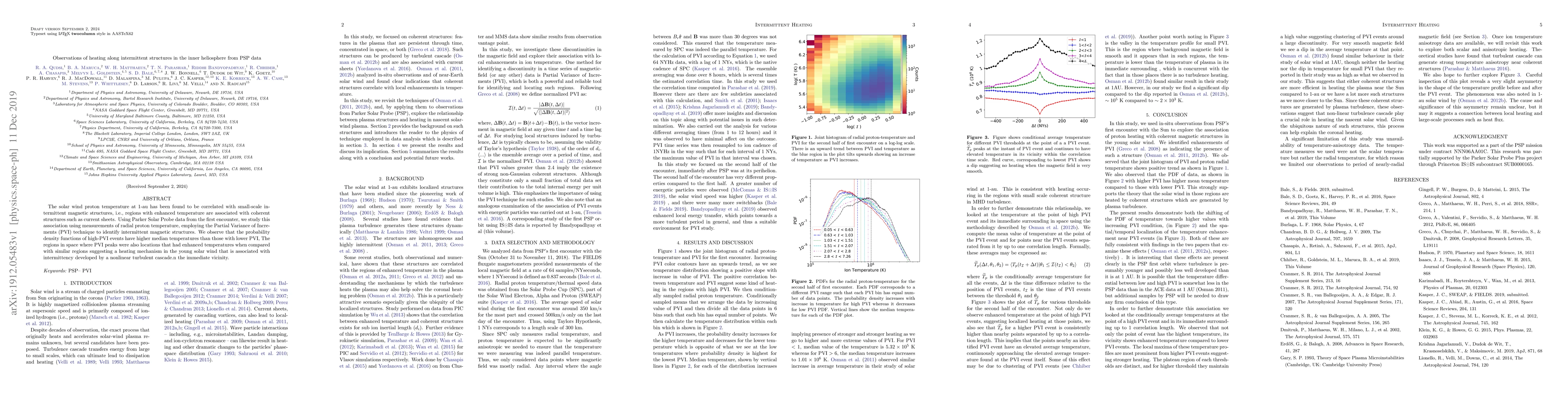 Thumbnail for Observations of heating along intermittent structures in the inner
  heliosphere from PSP data