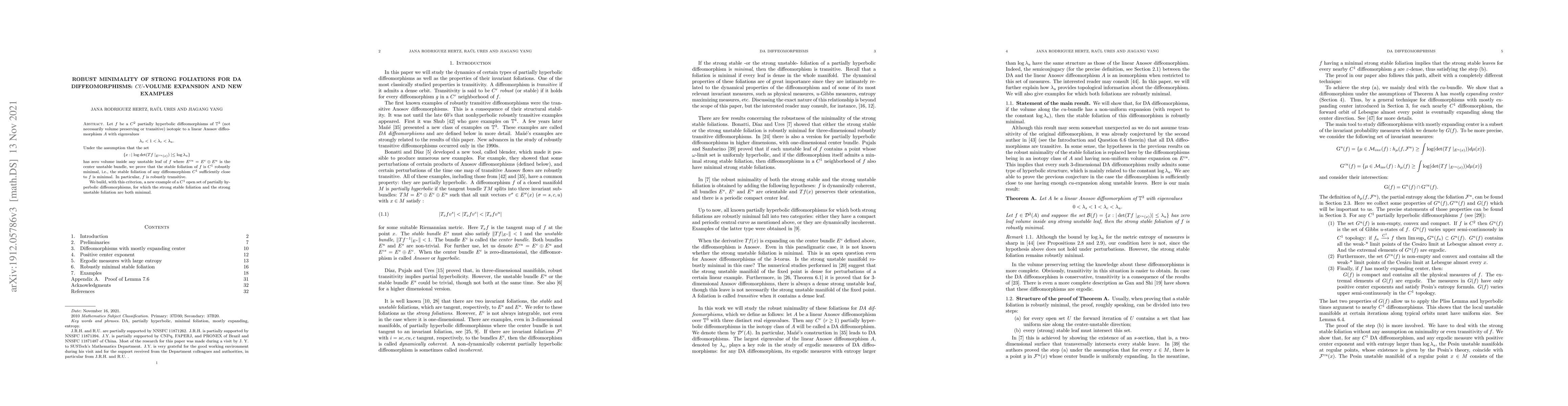 Thumbnail for Robust minimality of strong foliations for DA diffeomorphisms:
  $cu$-volume expansion and new examples