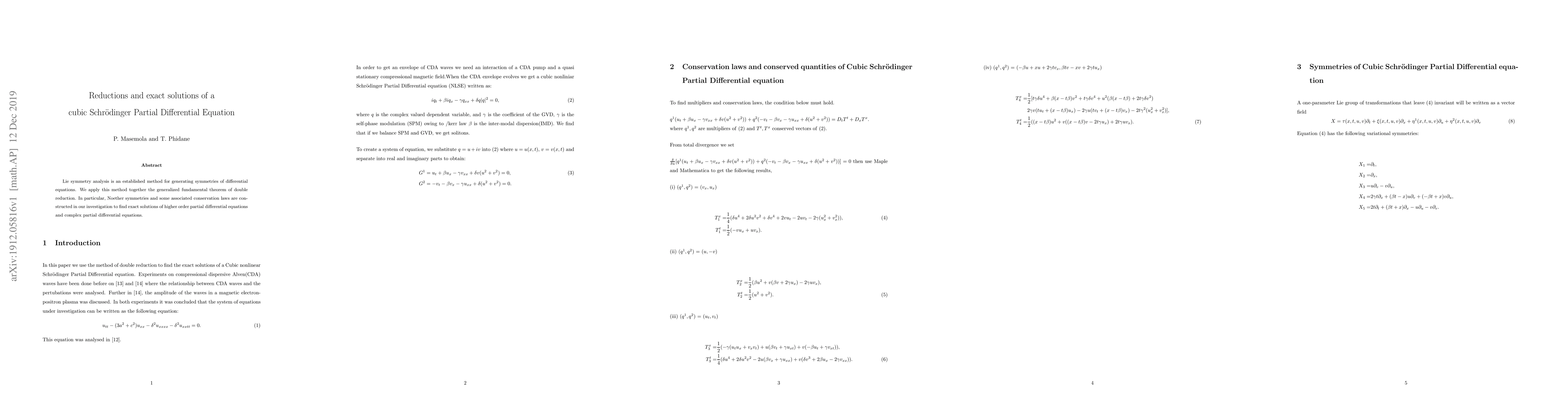 Thumbnail for Reductions and exact solutions of a cubic Schrodinger Partial
  Differential Equation