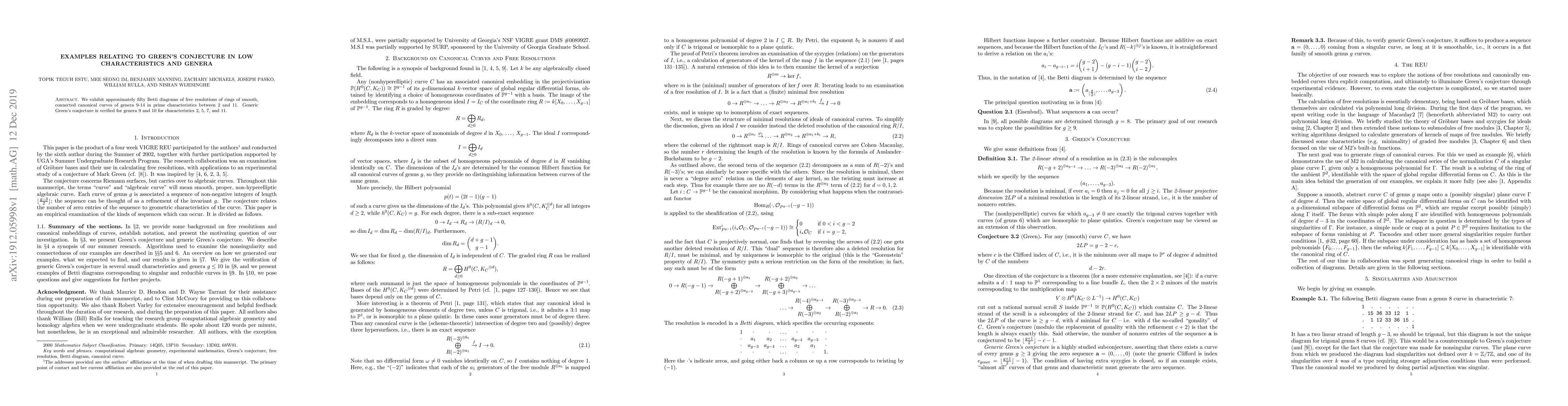 Thumbnail for Examples relating to Green's conjecture in low characteristics and
  genera