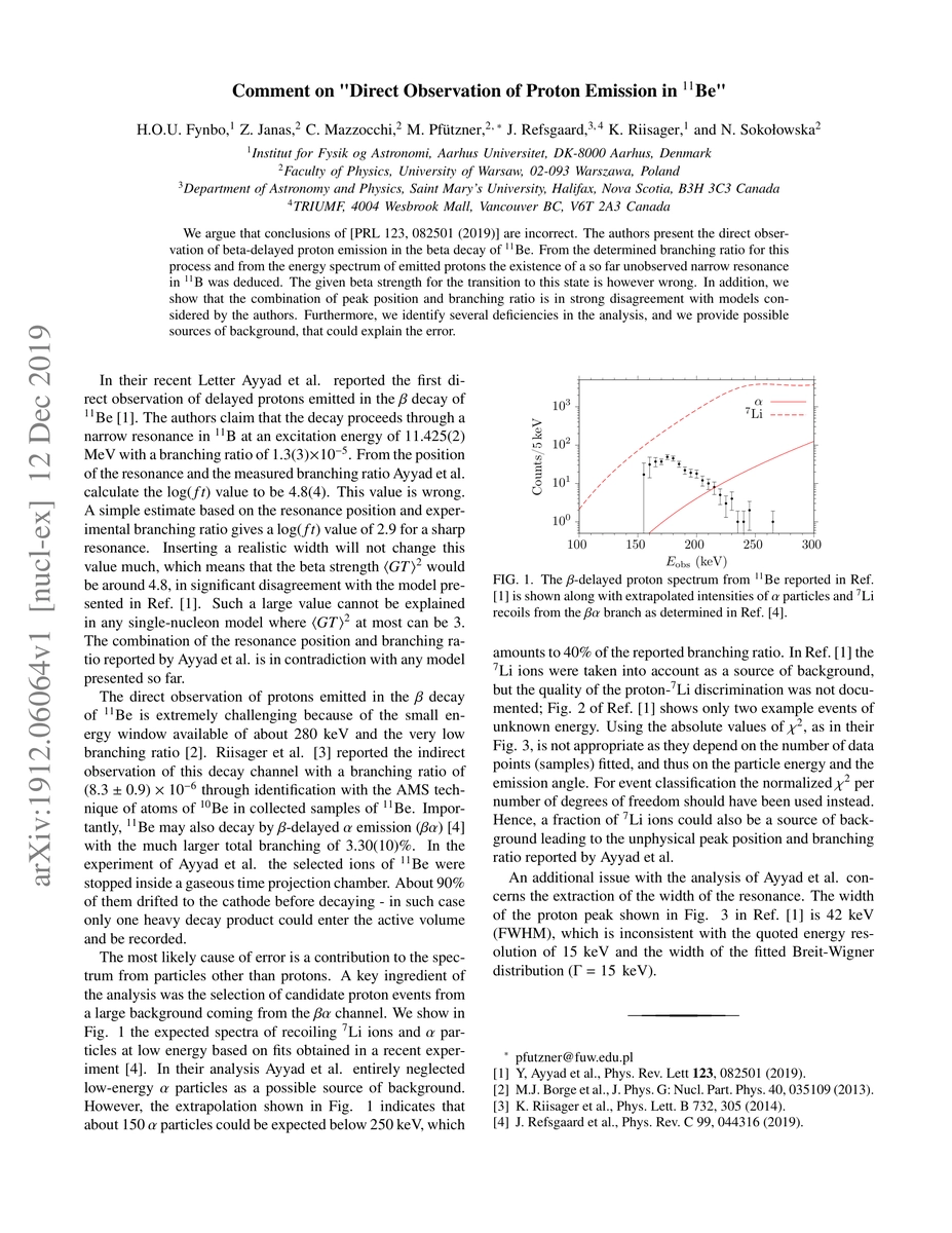 Thumbnail for Comment on "Direct Observation of Proton Emission in $^{11}$Be"