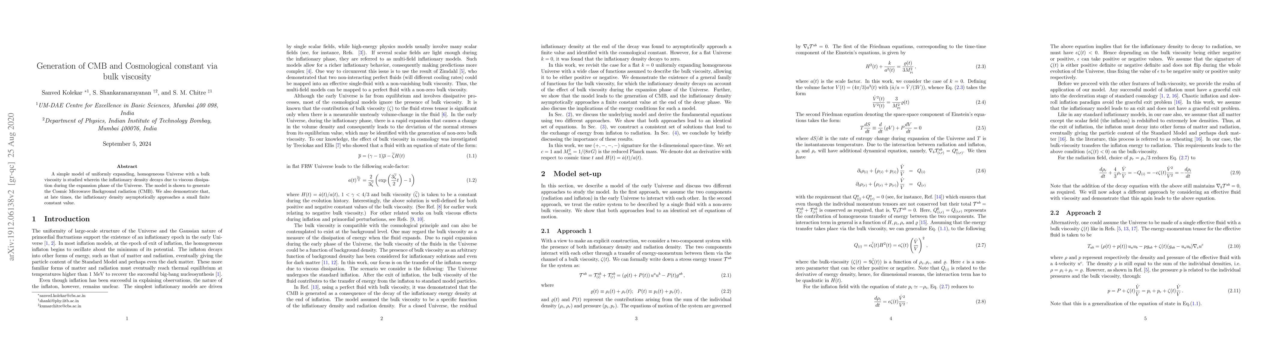 Thumbnail for Generation of CMB and Cosmological constant via bulk viscosity