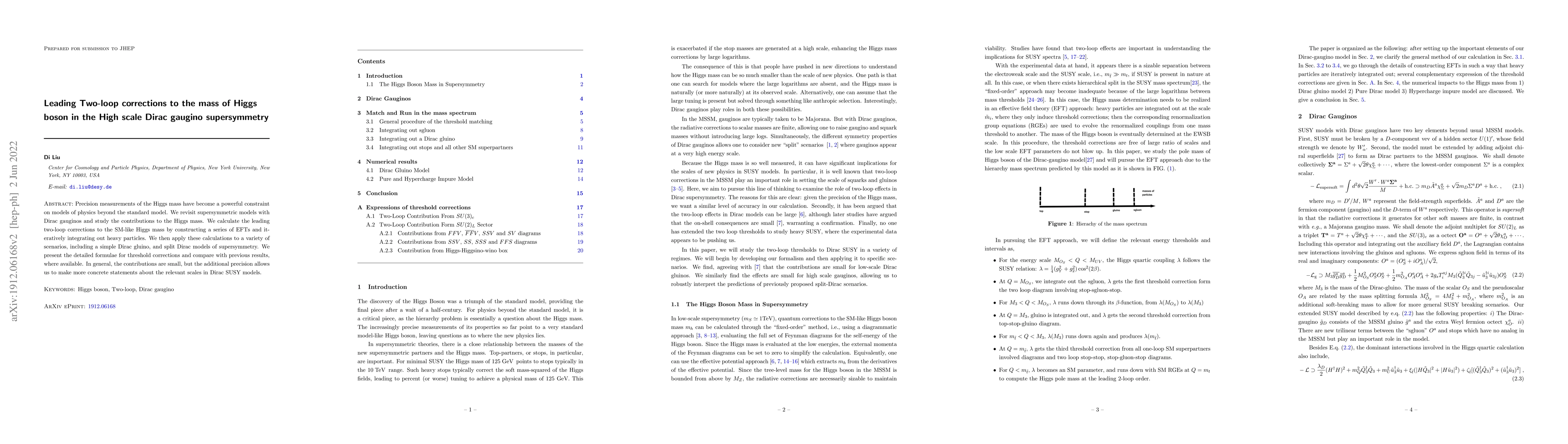Thumbnail for Leading Two-loop corrections to the mass of Higgs boson in the High
  scale Dirac gaugino supersymmetry