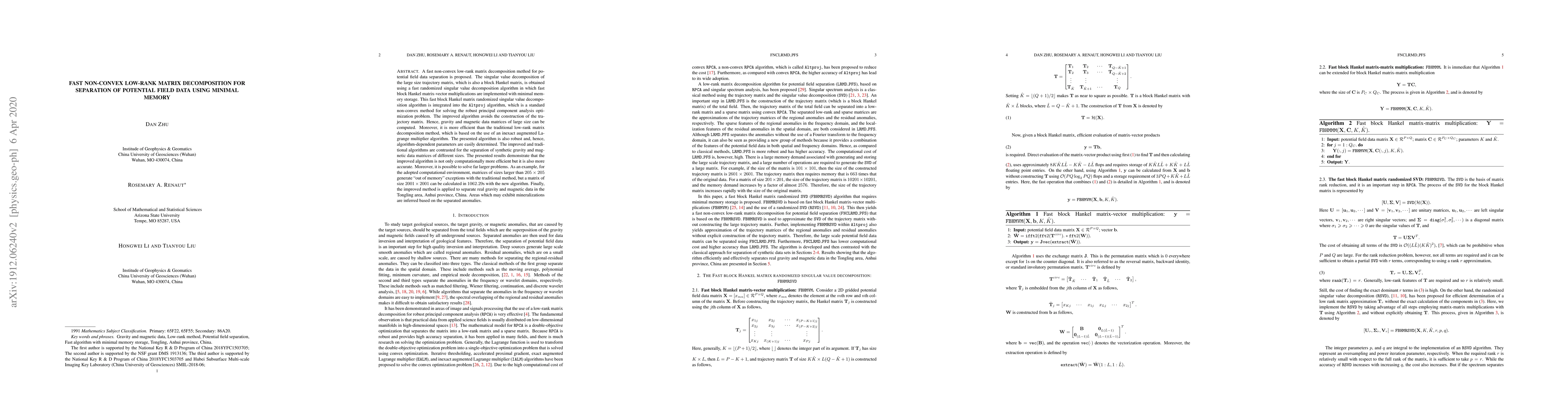 Thumbnail for Fast non-convex low-rank matrix decomposition for separation of
  potential field data using minimal memory