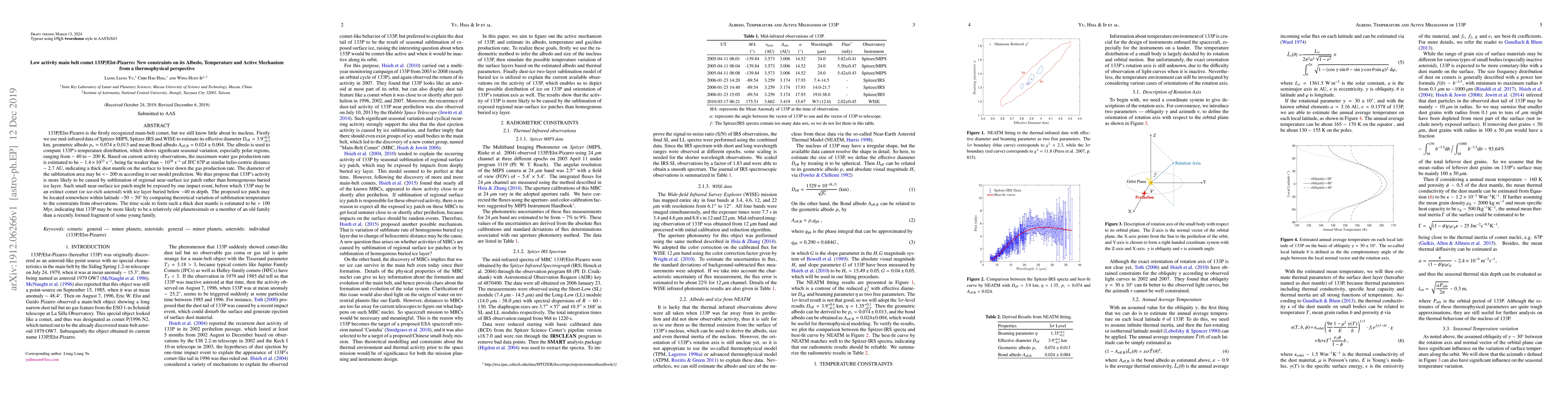 Thumbnail for Low activity main belt comet 133P/Elst-Pizarro: New constraints on its
  Albedo, Temperature and Active Mechanism from a thermophysical perspective