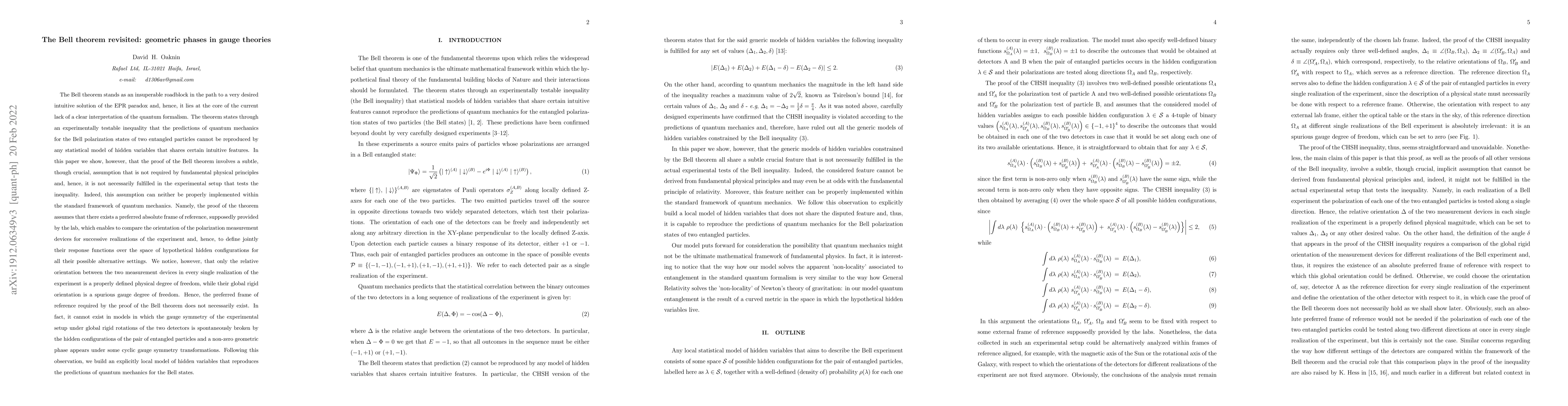Thumbnail for The Bell theorem revisited: geometric phases in gauge theories