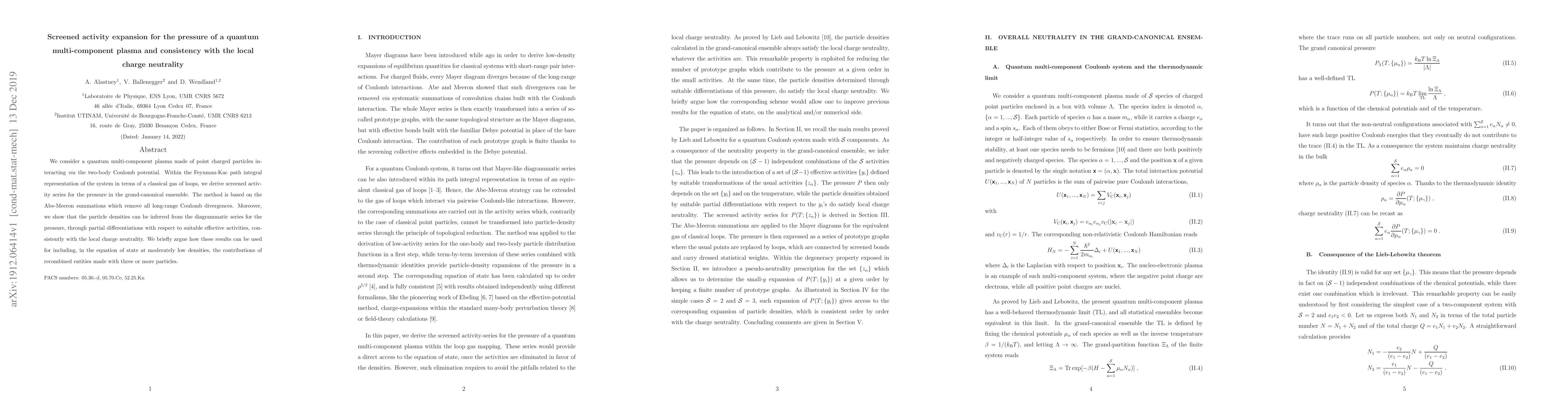Thumbnail for Screened activity expansion for the pressure of a quantum
  multi-component plasma and consistency with the local charge neutrality
