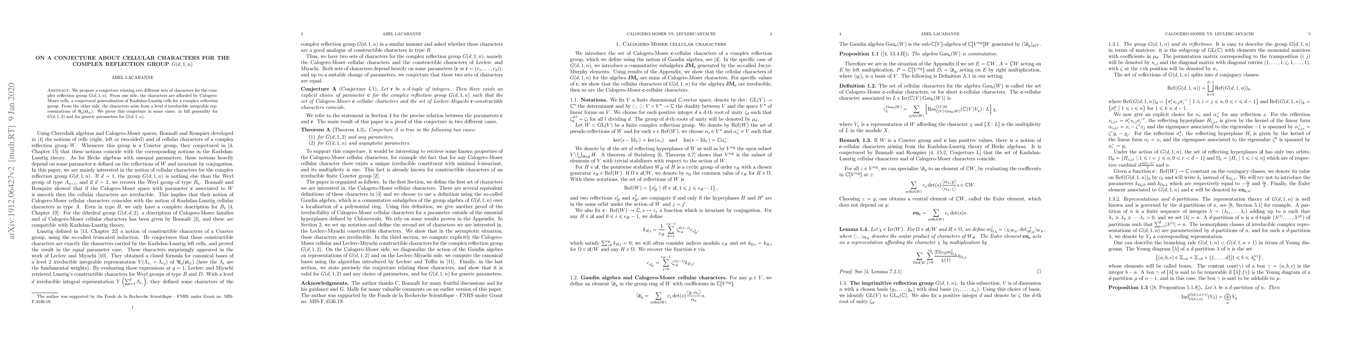 Thumbnail for On a conjecture about cellular characters for the complex reflection
  group $G(d,1,n)$